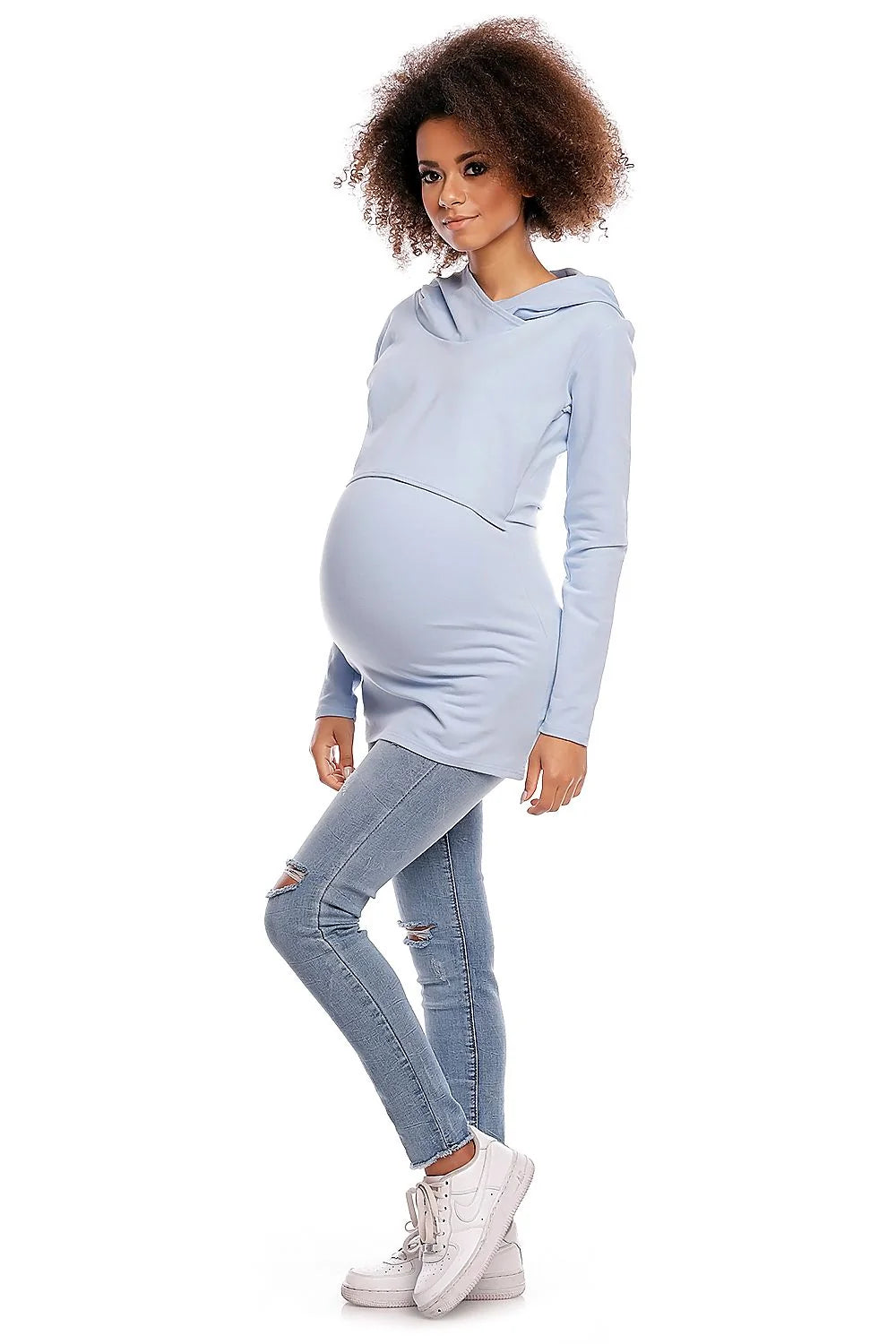 Sweatshirt maternité coton col drapé élégant confortable bleu clair pour futures mamans mode pratique