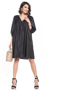 Robe élégante en coton noir manches 3/4 encolure V midi pour femme moderne et chic