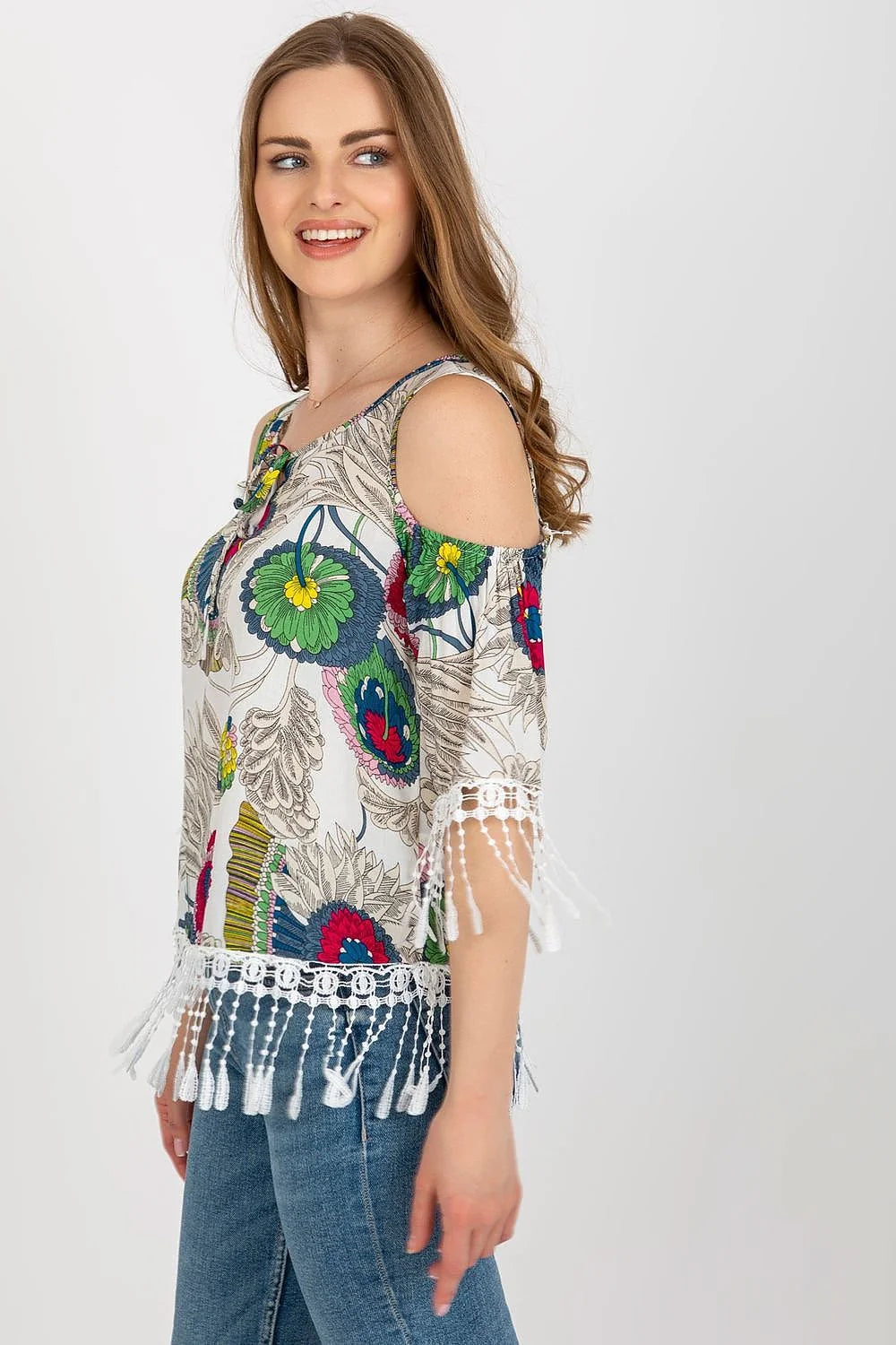 blouse bohème moderne femme coton polyester fluide imprimé floral multicolore manches trois quarts franges dentelle épaules dénudées col rond noué