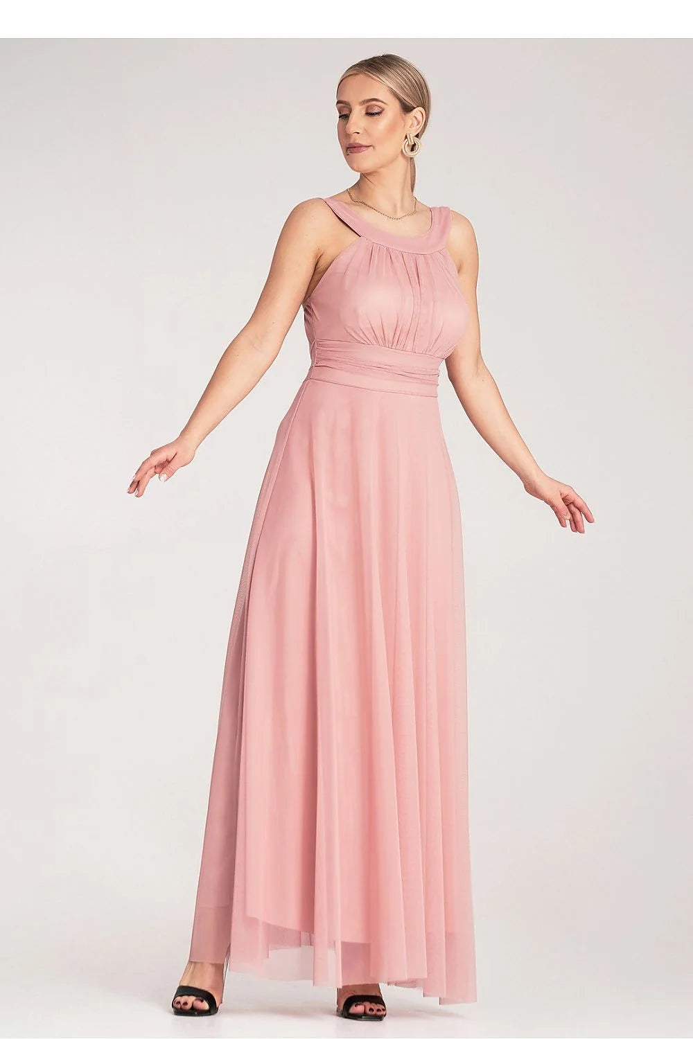 Robe de soirée élégante longue sans manches col montant plissé rose poudré polyester taille ajustable femme