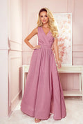 robe longue élégante Numoco rose poudré coton élasthanne scintillant encolure V croisé taille cintrée coupe évasée fente jambe dos nu