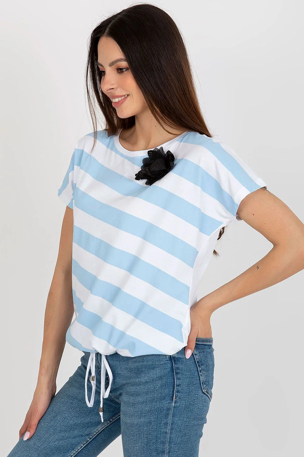 T-shirt femme chemisier rayures colorées fleur noire coton elasthanne ample manches courtes encolure ronde