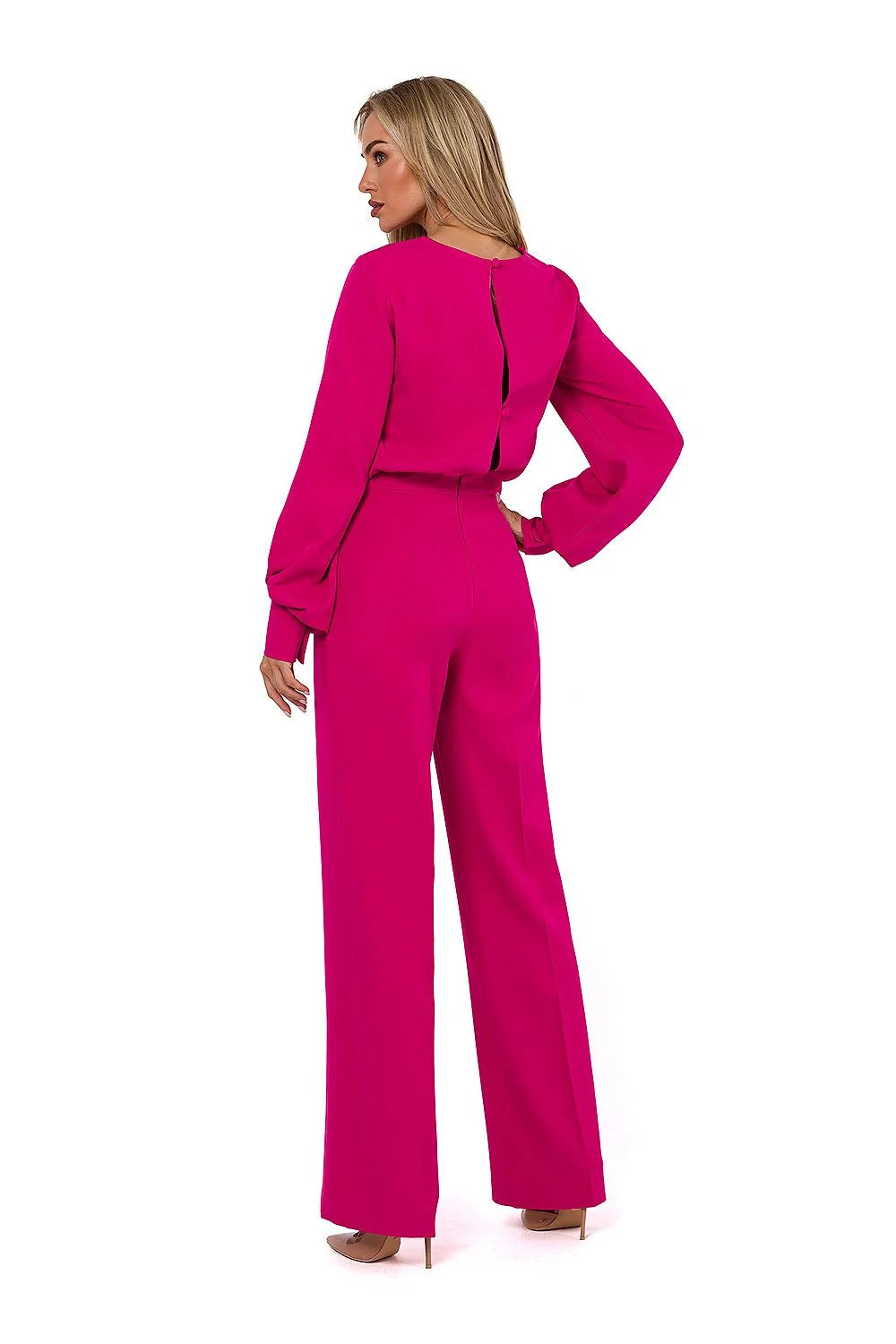 Combinaison femme élégante moderne longues manches encolure ronde pantalon large couleur rose vif taille ajustable polyester elasthanne