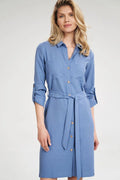 Robe-chemise polyester élégante décontractée bleu clair manches retroussables ceinture ajustable boutons bois femme chic