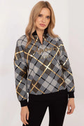 Sweatshirt femme moderne style sophistiqué motif carreaux couleurs doré noir gris longues manches col montant Amour Paris