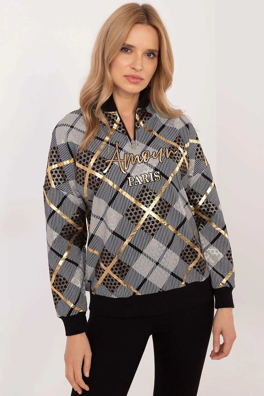 Sweatshirt femme moderne style sophistiqué motif carreaux couleurs doré noir gris longues manches col montant Amour Paris