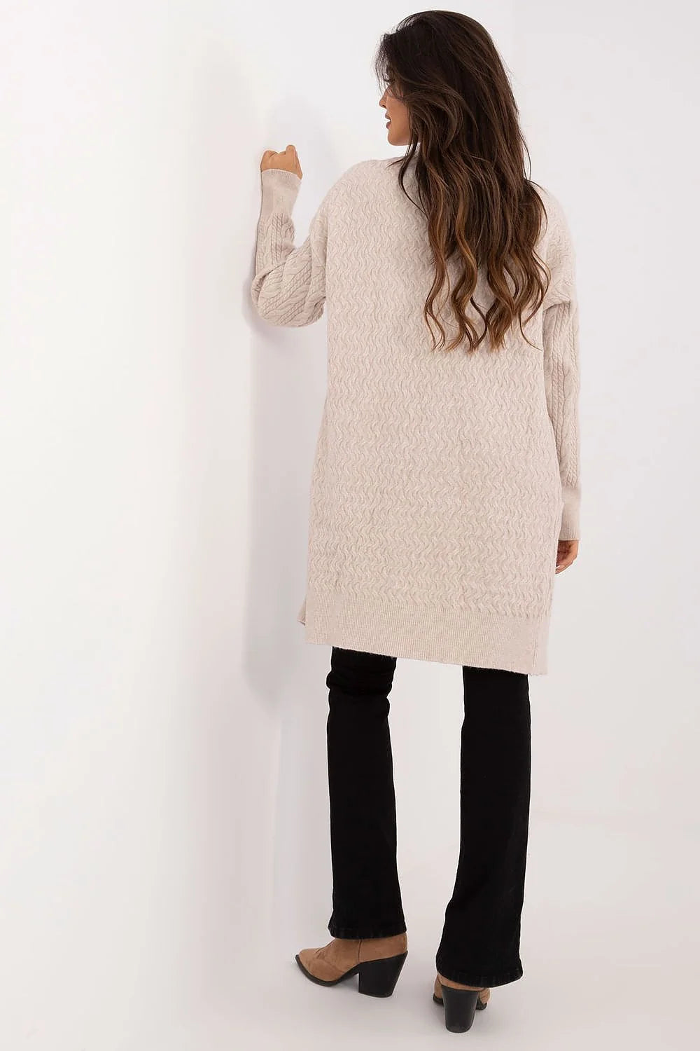 Cardigan long pour femme style ouvert texture douce beige clair automne-hiver casual versatile tendance