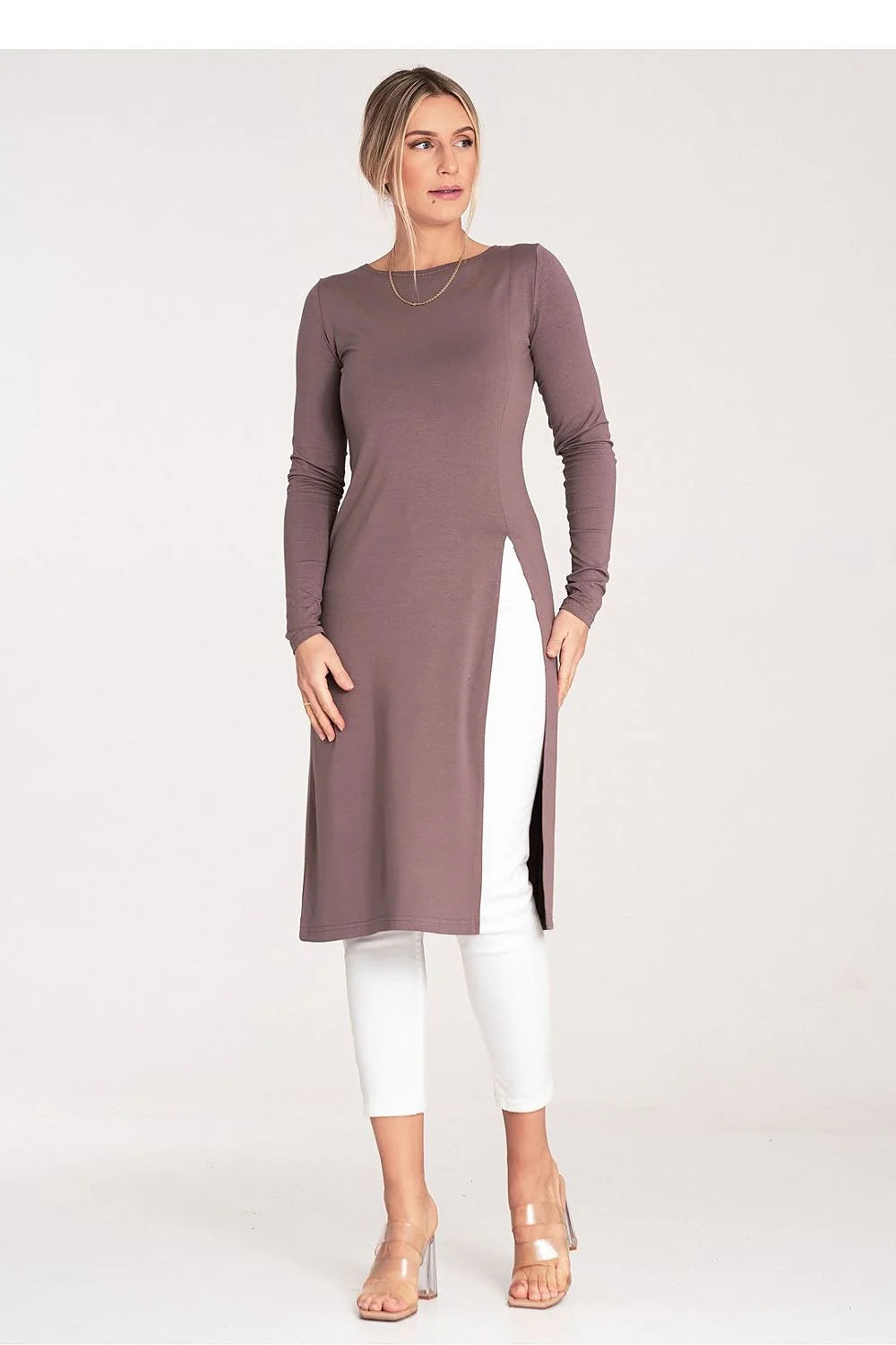 tunique longue femme jersey stretch polyester elasthanne manches longues encolure ronde fente latérale haute coupe ajustée fluide tombé mi mollet