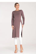 tunique longue femme jersey stretch polyester elasthanne manches longues encolure ronde fente latérale haute coupe ajustée fluide tombé mi mollet