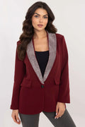 Veste blazer femme élégante longue col châle épaules structurées tissu mélange polyester viscose revers pailletés bordeaux argenté occasion formelle