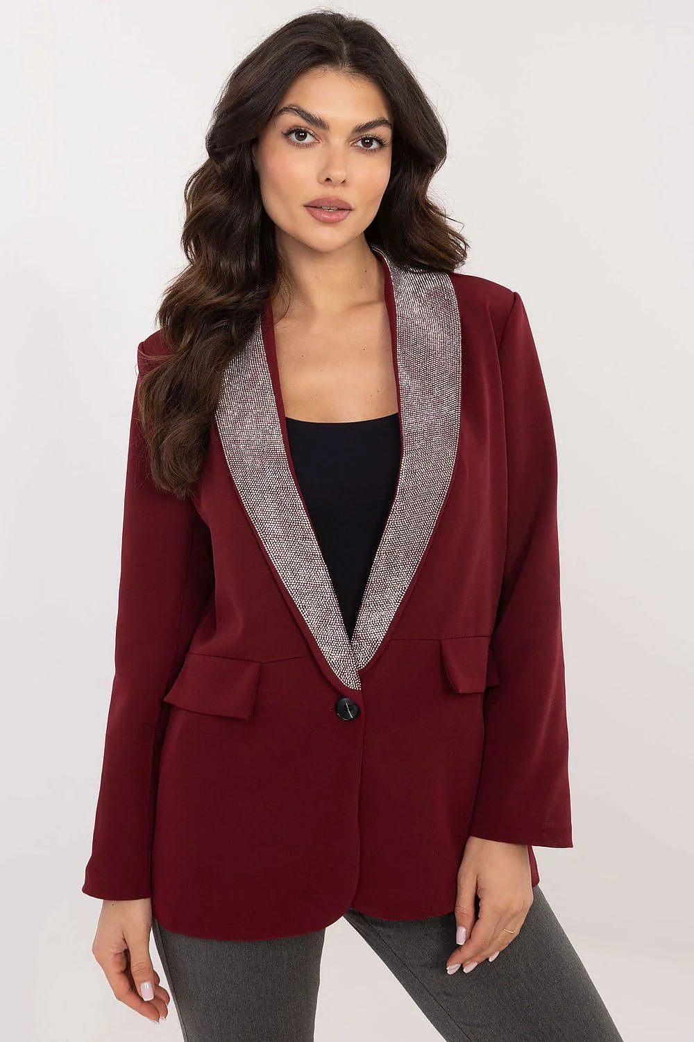 Veste blazer femme élégante longue col châle épaules structurées tissu mélange polyester viscose revers pailletés bordeaux argenté occasion formelle