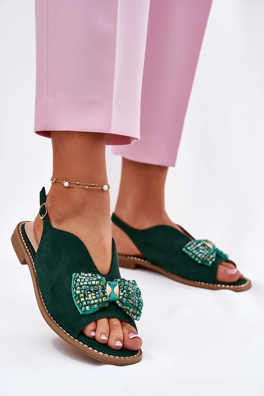 Sandales féminines élégantes suédine écologique nœud décoratif semelle intérieure cuir vert ajustable femmes occasion estivale