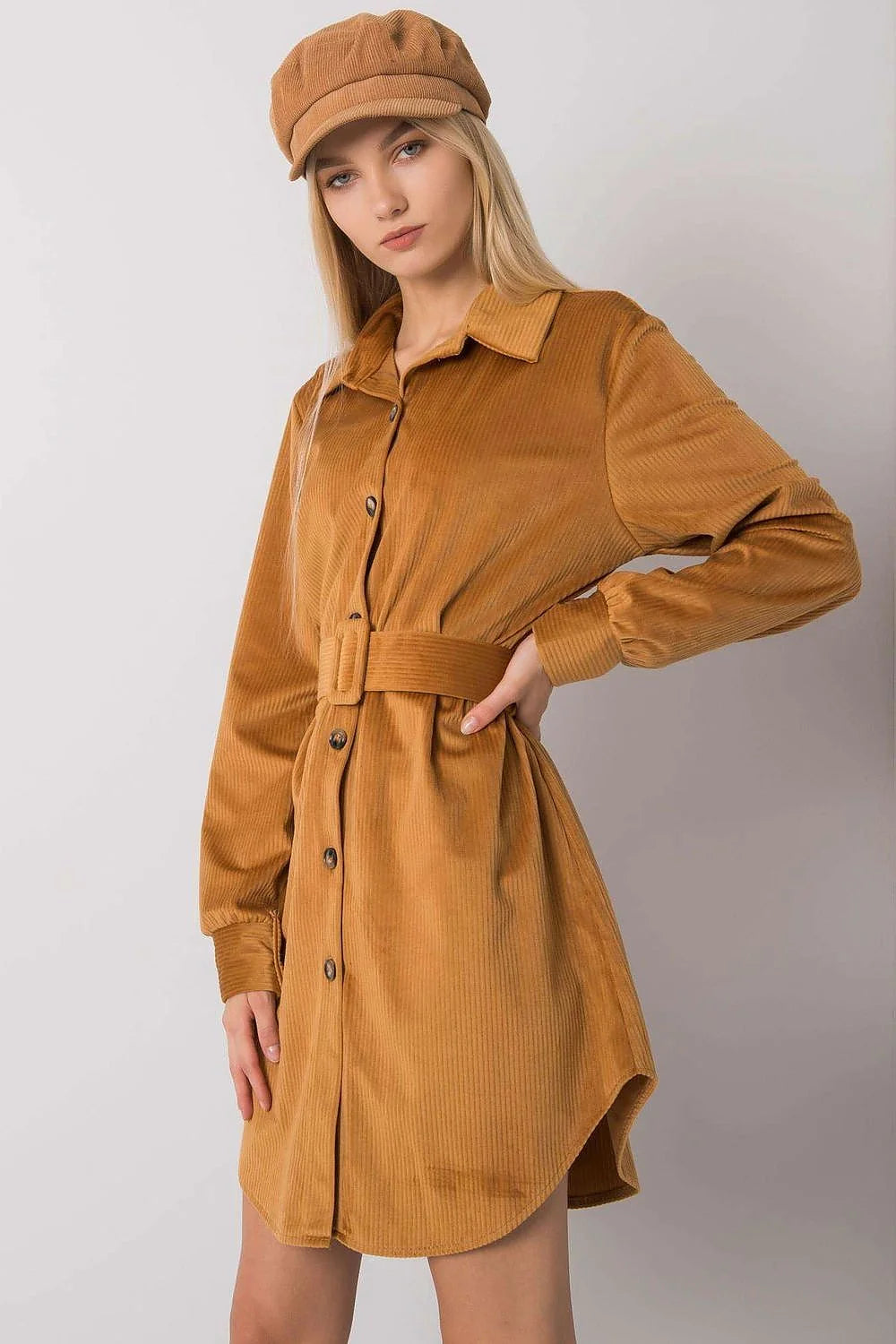 Robe chemise femme velours côtelé gris élégant manches longues ceinture style minimaliste mi-cuisse