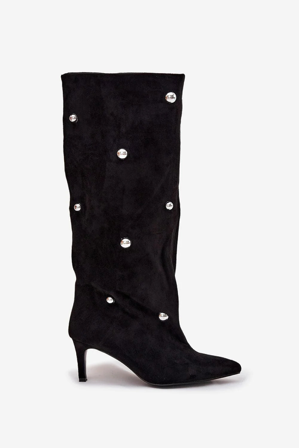 bottes hautes femme daim écologique noir bout pointu talon kitten bas fin silhouette slim ornements dorés