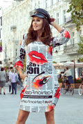 Robe jour femme polyester viscose imprimé journal graphique audacieux confortable mode polonais moderne stylisé
