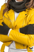 Veste en cuir jaune vif style rock intemporel fermeture éclair asymétrique poches zippées pour femme polyvalente