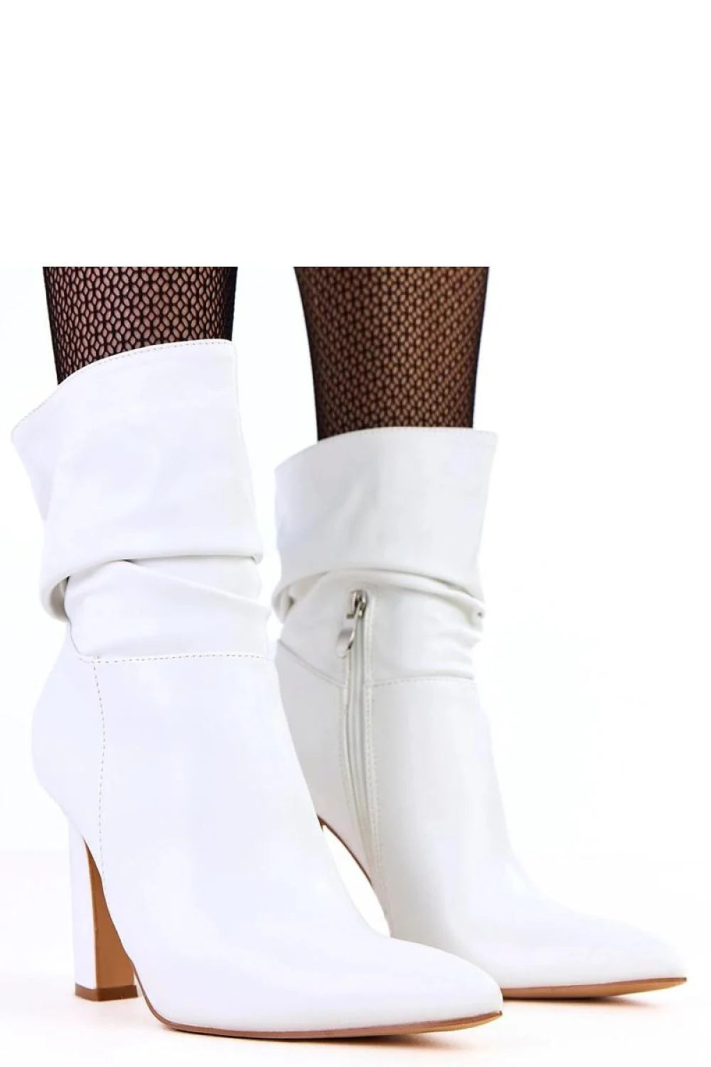 bottines femme blanches similicuir bout pointu talon bloc haut tige plissée 14cm fermeture éclair semelle contrastée confortable élégantes