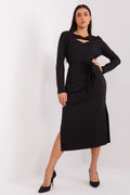 Robe de jour Lakerta élégante moderne manches longues en coton noir texture côtelée ceinture ajustable femmes occasionnels