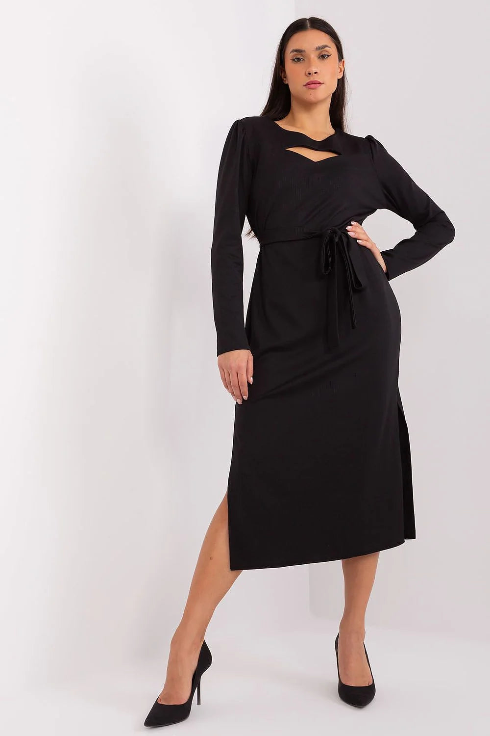 Robe de jour Lakerta élégante moderne manches longues en coton noir texture côtelée ceinture ajustable femmes occasionnels