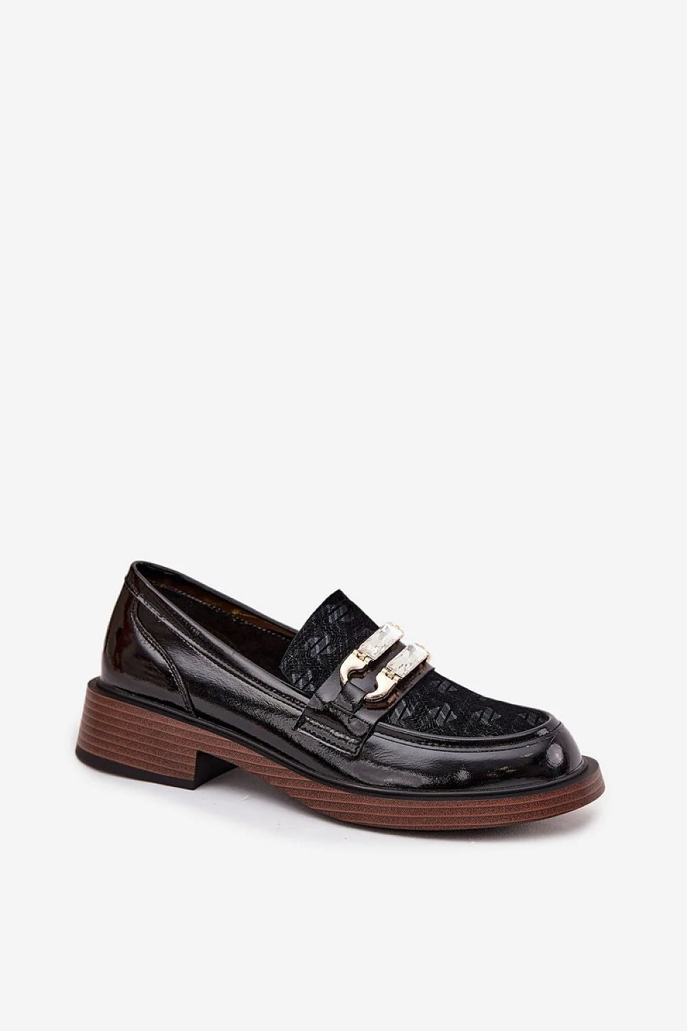 mocassins femme cuir naturel verni noir embossé texturé bout rond bijou doré cristaux talon bloc bas semelle intérieure souple compensée