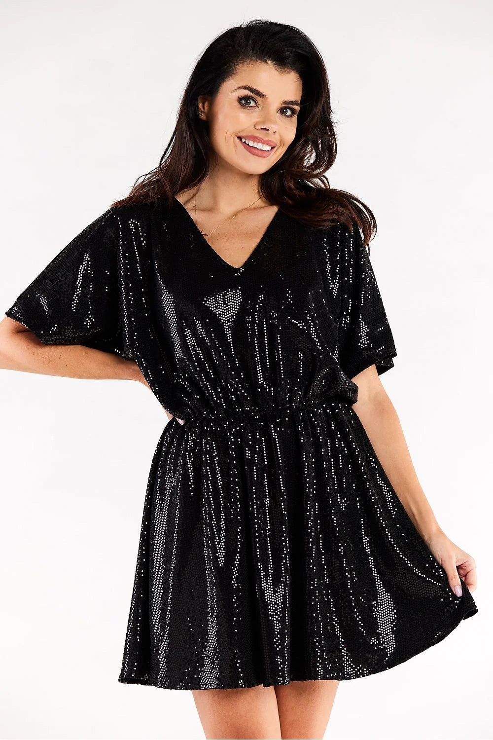 Robe de soirée élégante courte manches courtes décolleté en V paillettes vertes taille ajustable femme