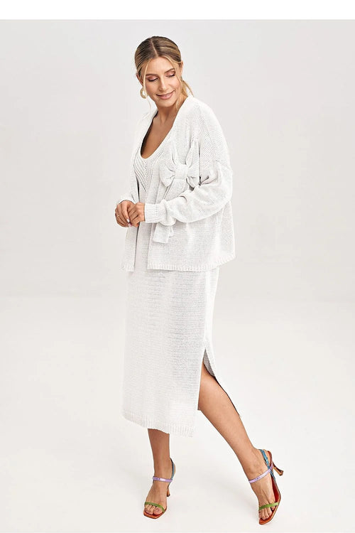 ensemble femme cardigan oversize ouverture maille fine ajourée manches longues décolleté V robe midi fente latérale nœud décoratif côtelés