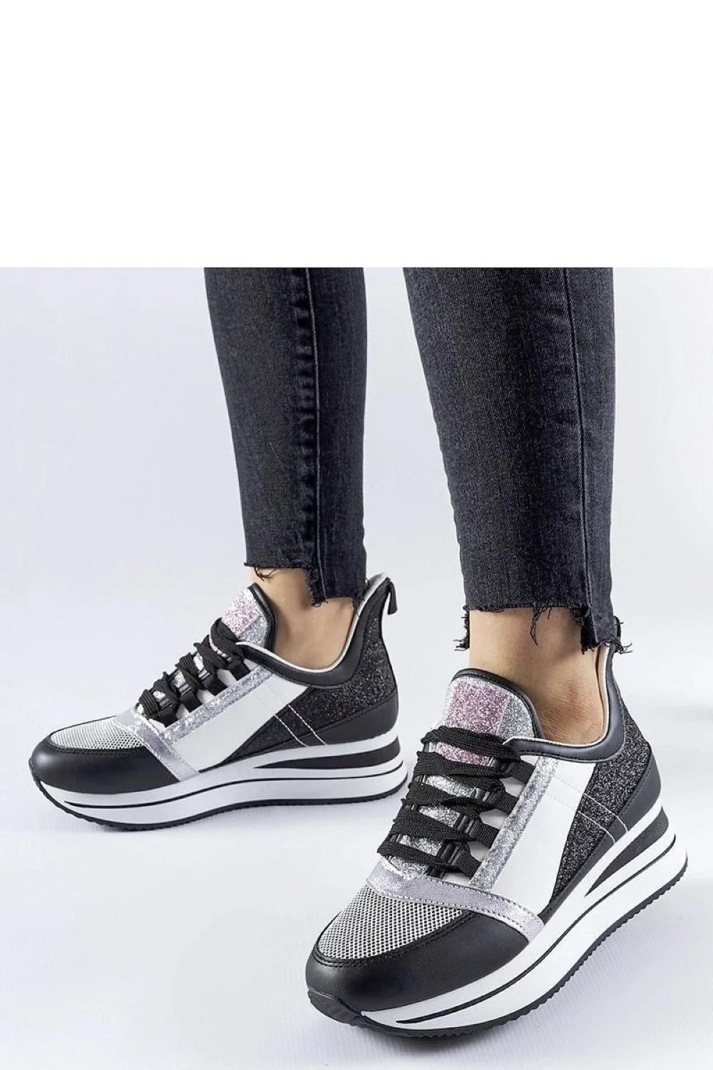 Baskets Solea élégantes modernes design tendance mixte cuir synthétique tissu pailleté noir blanc argent lacets ajustables semelle compensée plateforme confortable femme