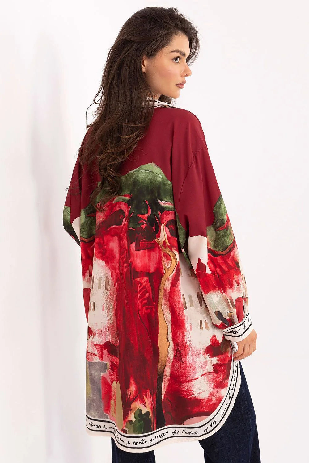 chemise tunique oversize manches longues col classique asymétrique dos prolongé imprimé floral aquarelle bordeaux vert olive bordures écriture