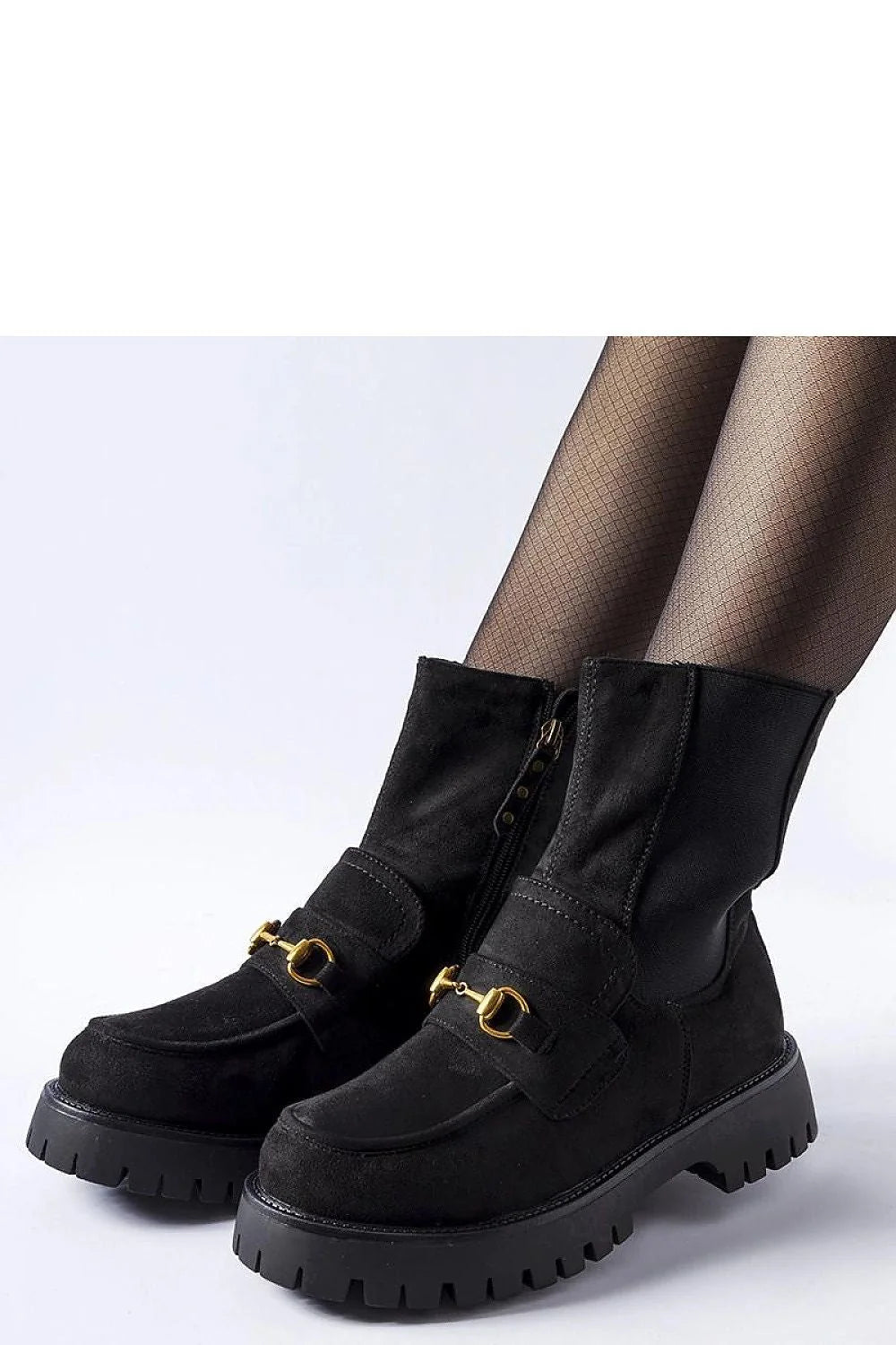 Bottes élégantes pour femmes en daim noir avec boucle dorée, style moderne, semelle épaisse, fermeture éclair latérale, confortable et durable