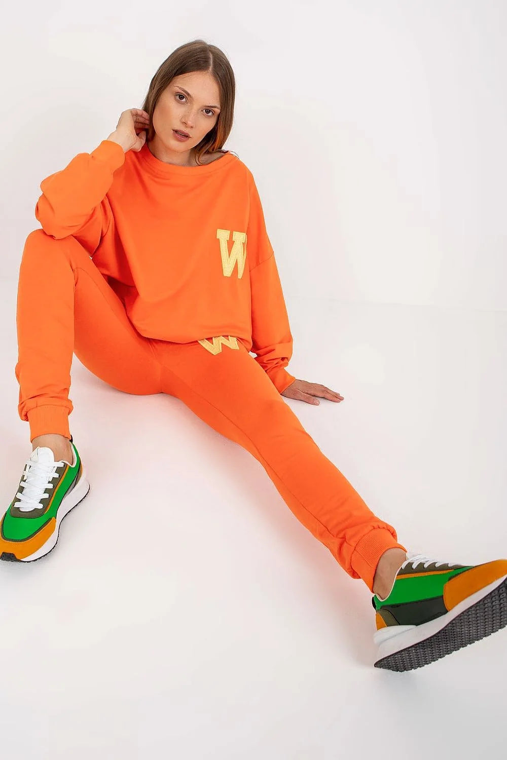 ensemble sportswear femme jaune canari oversize sweat manches longues legging slim taille élastique coton élasthanne molleton poches appliqué W orange