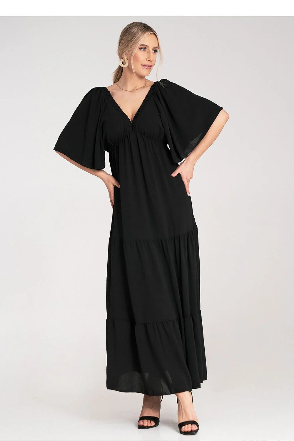 Robe de jour élégante A-lining V-neck papillon manches courtes volants polyester noire polyvalente femme
