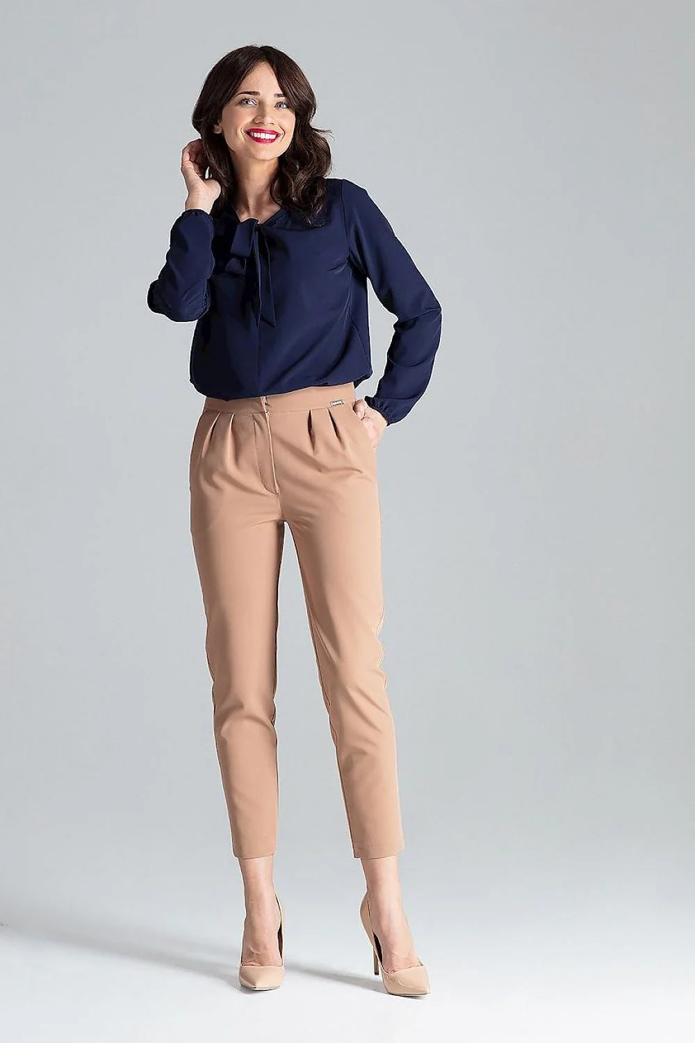 Chemisier Lenitif élégant manches longues nœud neckline robe blazer longueur totale taille ajustable Polyester Elasthanne femmes