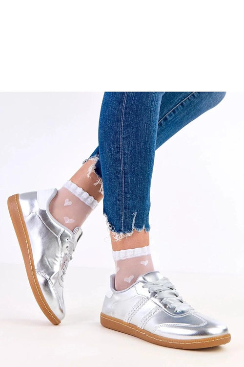 baskets femme sneakers rétro simili cuir argent métallisé bout rond lacets satin semelle gomme brune bandes tressées