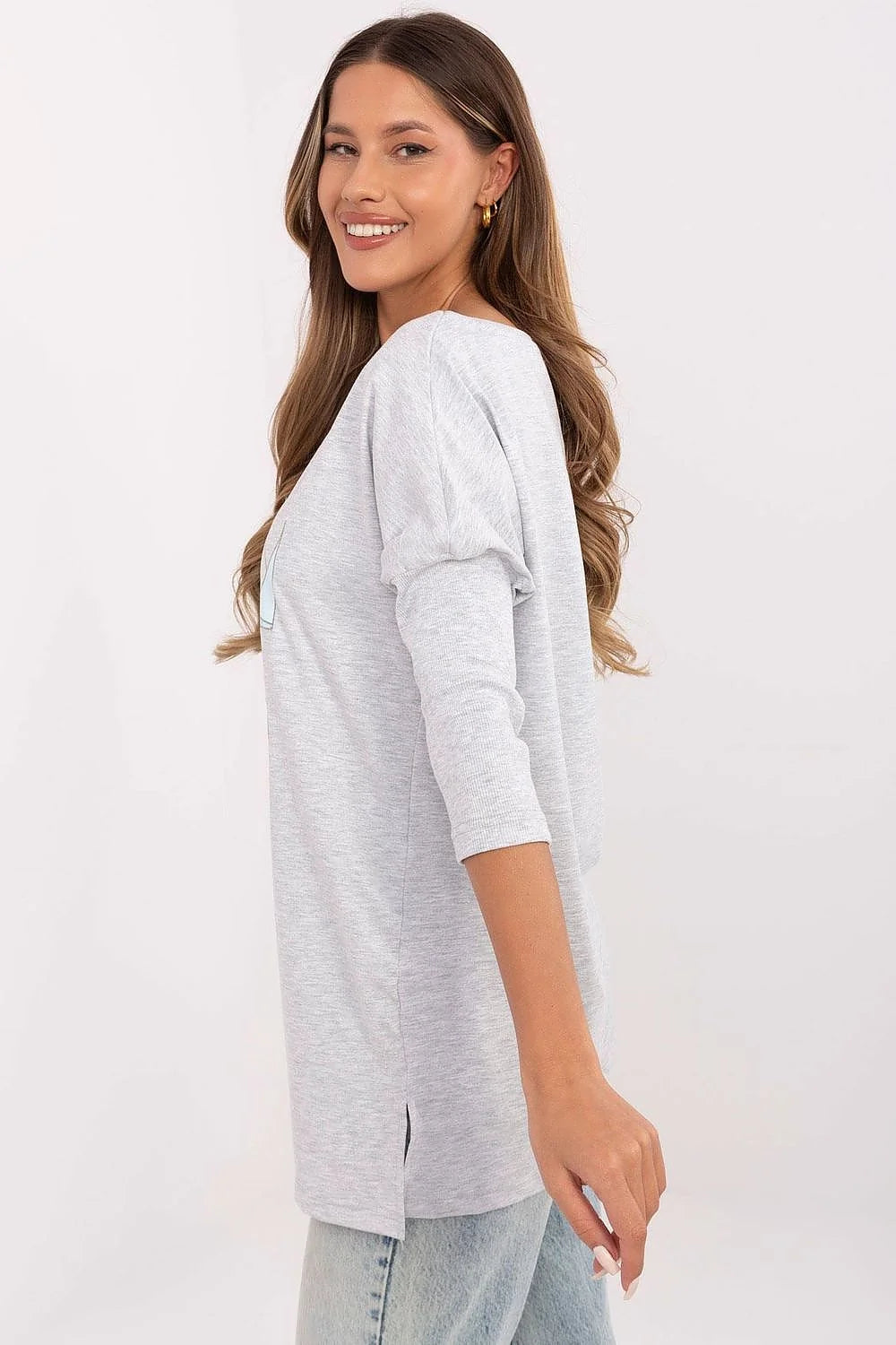 Chemisier femme mode casual élégant coton élasthanne col rond manches 3/4 imprimé géométrique abstract light gray pastel blue beige crème