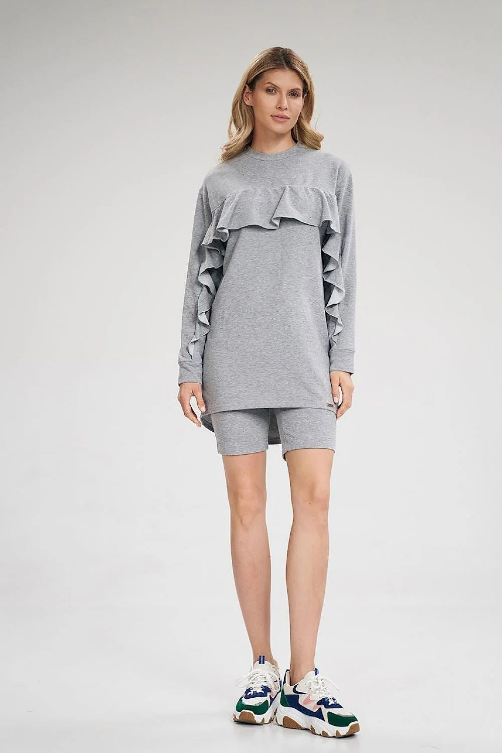 Ensemble femme coton élasthanne style décontracté élégant haut manches longues volants short tendance confortable