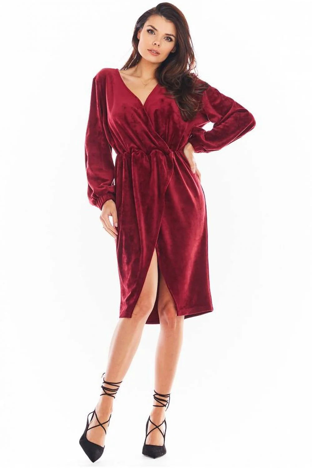 Robe de soirée élégante style portefeuille manches longues en velours élastique couleur noire taille ajustable pour femmes occasion formelle