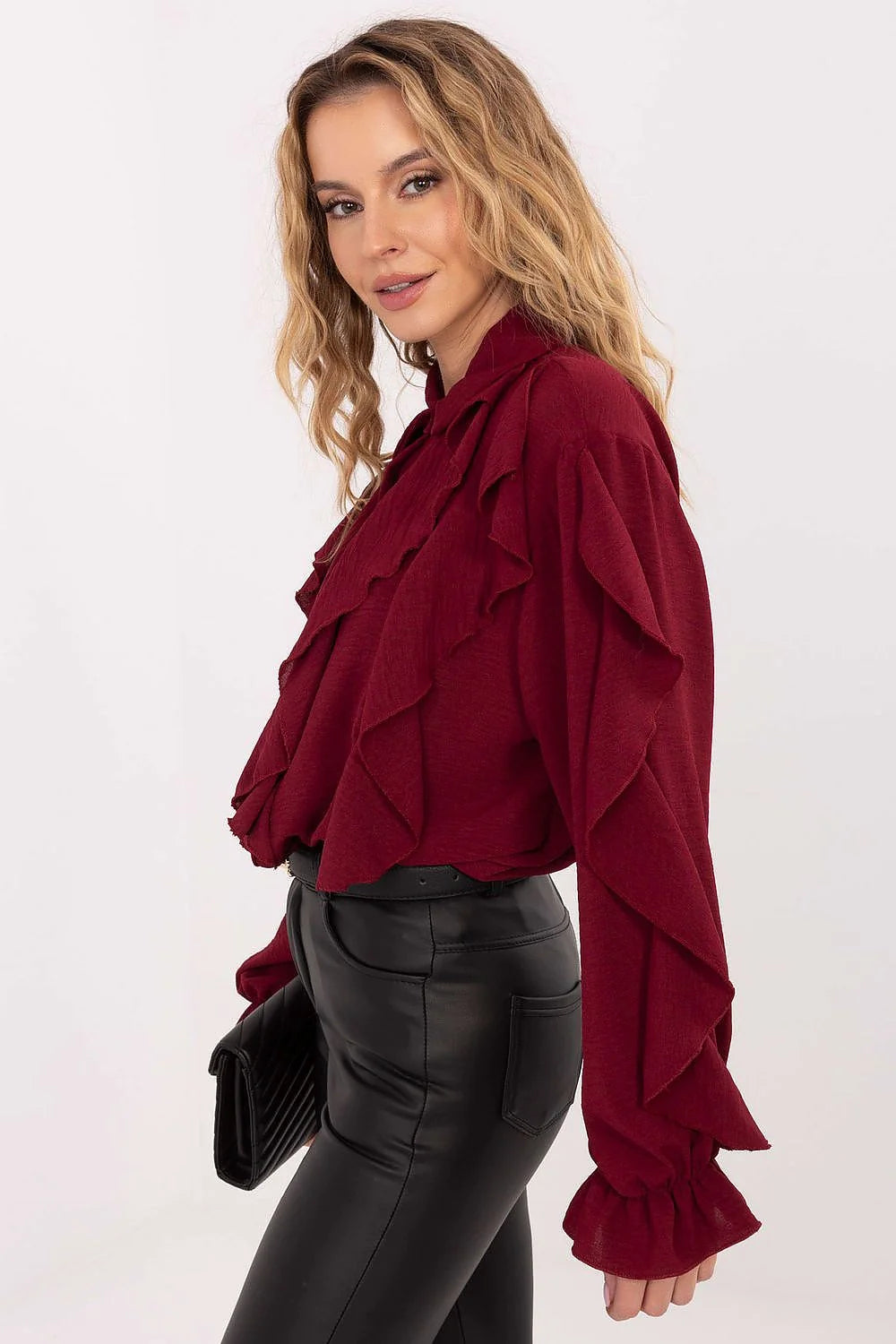 chemisier femme mousseline bordeaux viscose douce confortable fluide romantique chic classique col chemise volants manches bouffantes poignets froncés jabot décoratif