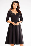 Robe élégante pour femmes en noir col cœur manches 3/4 taille marquée coupe évasée polyester elasthanne Taille S M L XL
