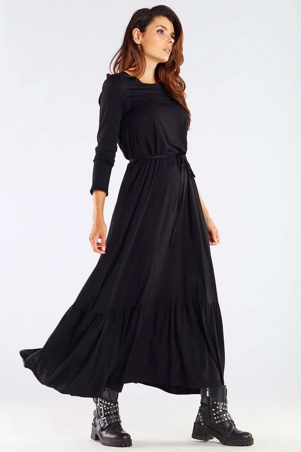 Robe longue viscose framboise élégante manches longues ceinture ajustable fluide décontractée soirée féminine moderne