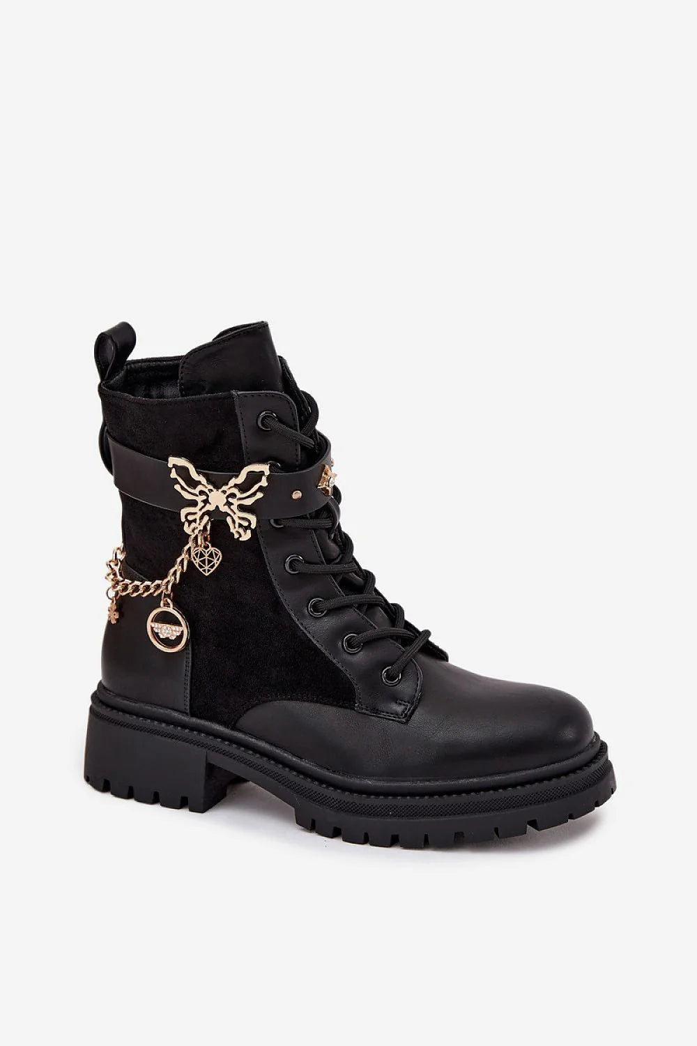 bottines femme similicuir noir cheville doublées fourrure synthétique chaîne dorée pendentifs sangle ornements amovible bout rond semelle crantée plateforme