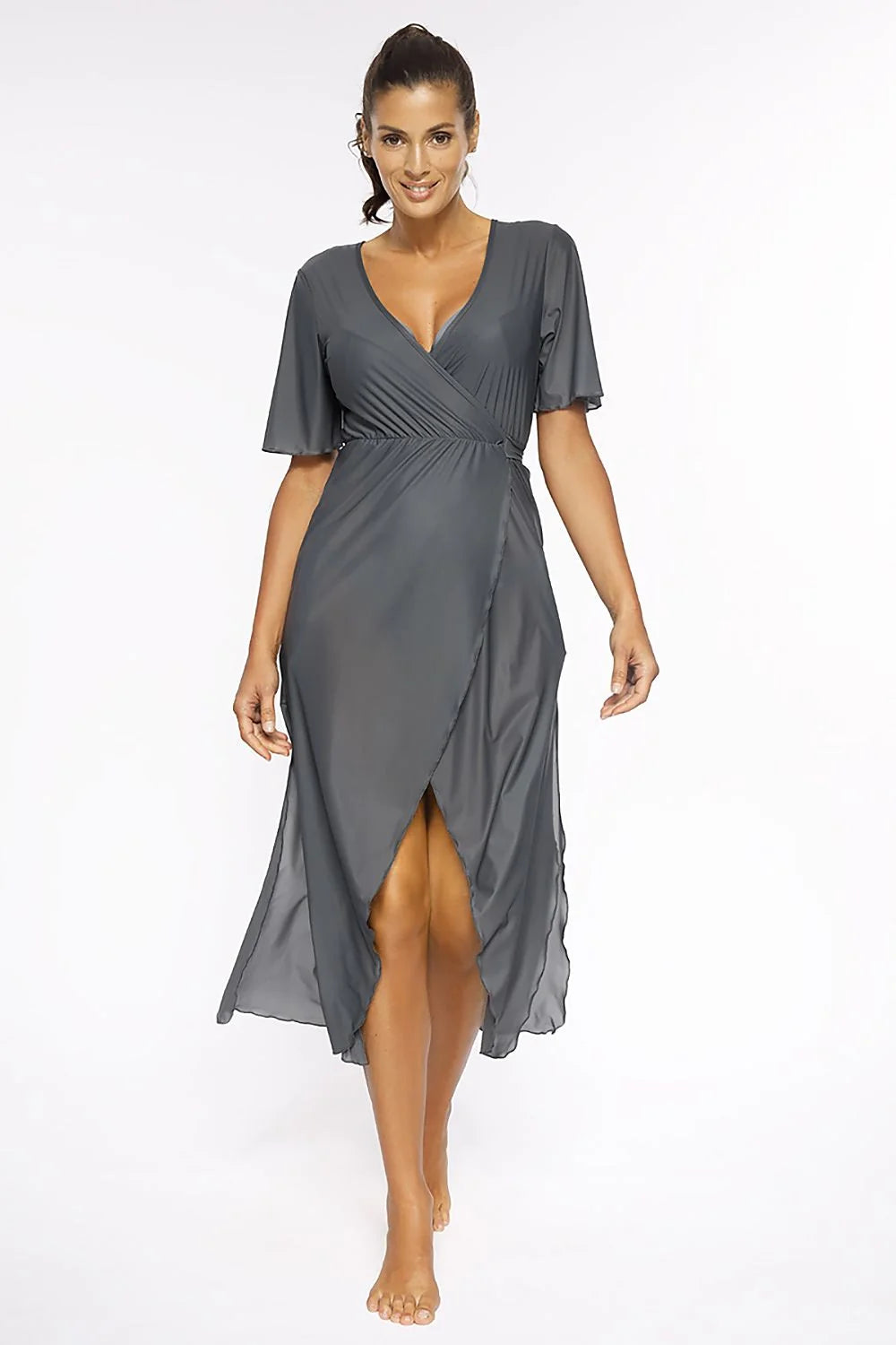 Robe de plage longue en polyester gris élégant avec manches mi-longues et fente avant