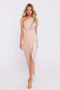 robe longue élégante asymétrique nude rosé moulante drapée croisée buste taille marquée fente haute lamé doré scintillant glamour chic
