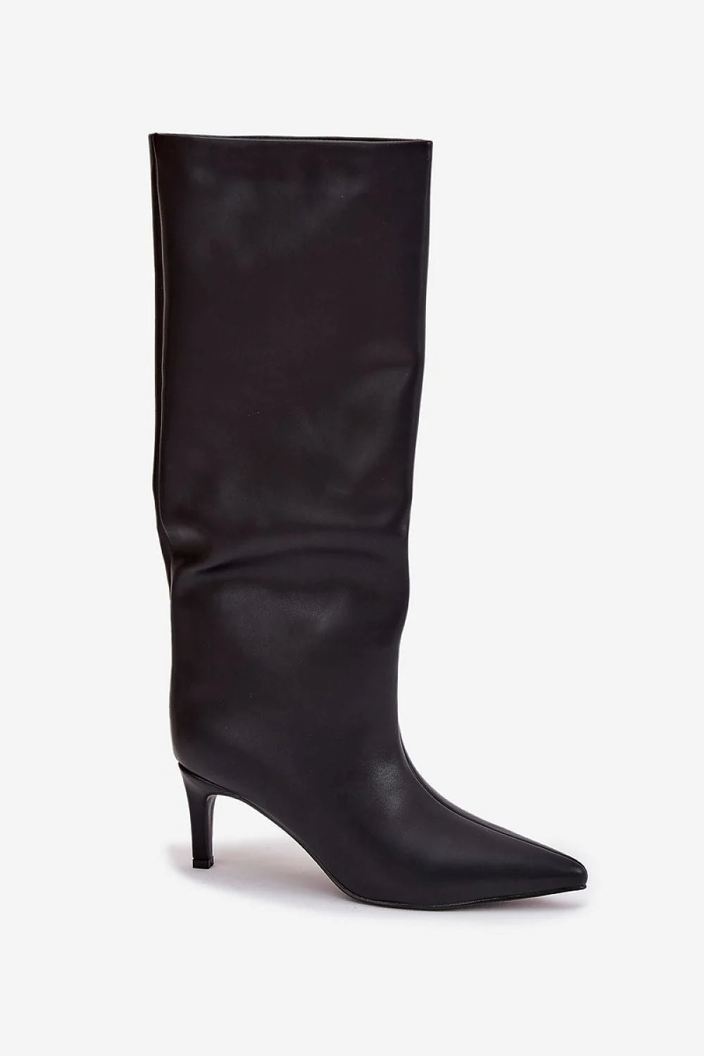bottes montantes similicuir noir brillant tige droite froncée pullon bout effilé pointu talon aiguille bas élégant chic urbain habillé quotidien