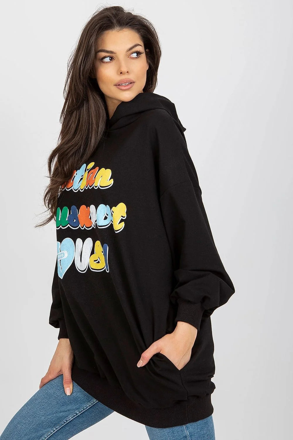 sweatshirt capuche oversize femme longline tunique noir molleton coton doux manches ballon bordcotes lettres multicolores graffiti motif coeur OOPS