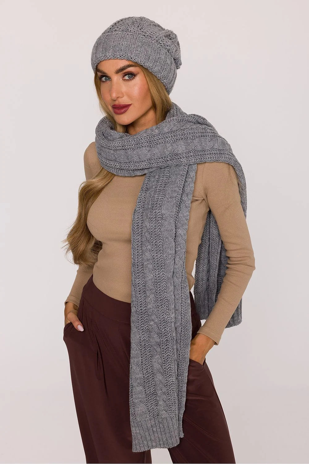 châle long doux épais torsadé grosse maille gris chiné enveloppant chaud large 190cm 40cm acrylique nylon élégant casual chic drapé