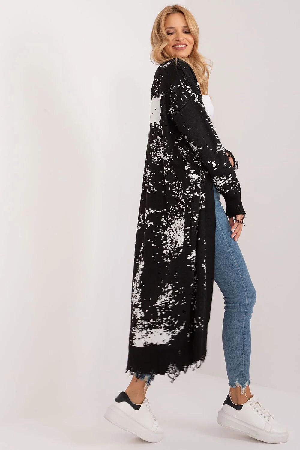 Cardigan pour femme long motif éclaboussures peinture noir blanc acrylique doux manches longues confort coupe ample mode artistique