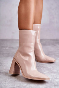 Bottes talons Step in style cuir écologique laqué beige rosé moderne élégant mi-mollet zip talon bloc 8 versatile