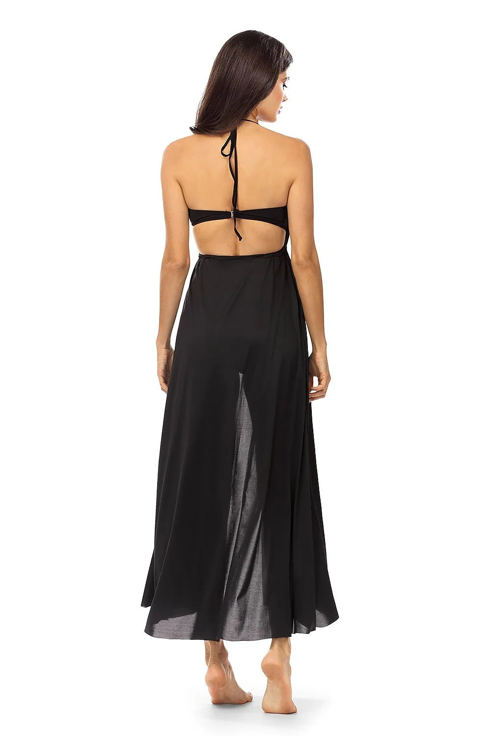 robe plage longue noire dos nu col plongeant polyester fluide satiné ajustée évasée fentes latérales anneau décoratif lien nouer halter