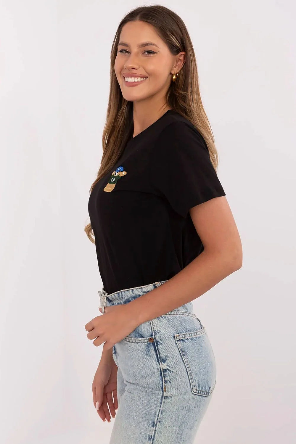 T-shirt femme coton noir motif ours brodé style décontracté manches courtes col rond