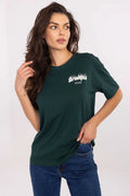 tshirt femme casual coton doux respirant col rond manches courtes coupe droite longueur hanche vert sapin impression blanche